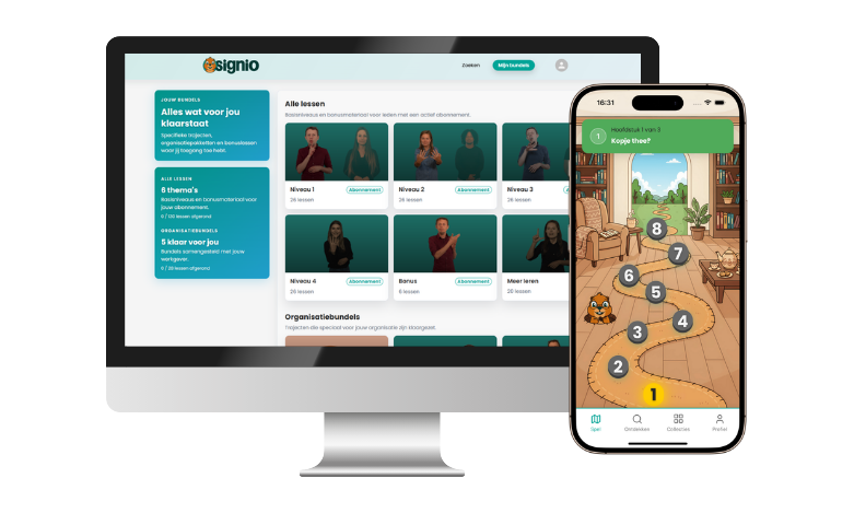 Computerscherm en een telefoon met de Signio platform